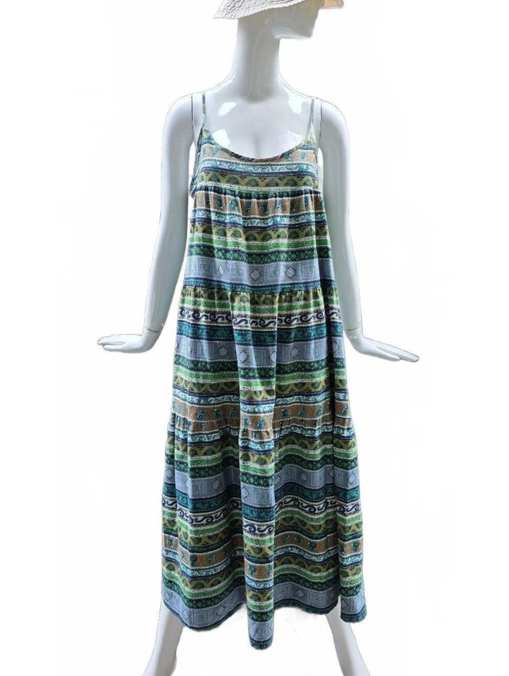Gracila Cotton Boho Geometric Print Tiered Maxi Dress L Large Spaghetti Strap